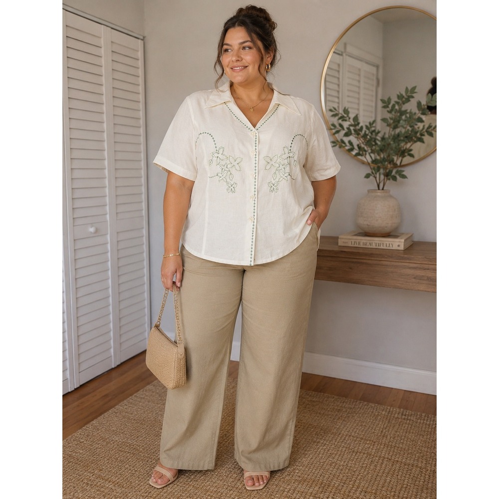 Ann Gerlin Ivory Linen Embroidered Shirt Blouse Size 18 Grandmacore Cottage Vtg